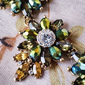 Gold Tone Topaz Olivine Crystal Clear Rhinestone Statement Necklace Unsigned